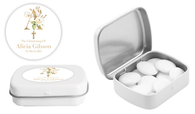 Monogram Rose Christening Personalised Mint Tins