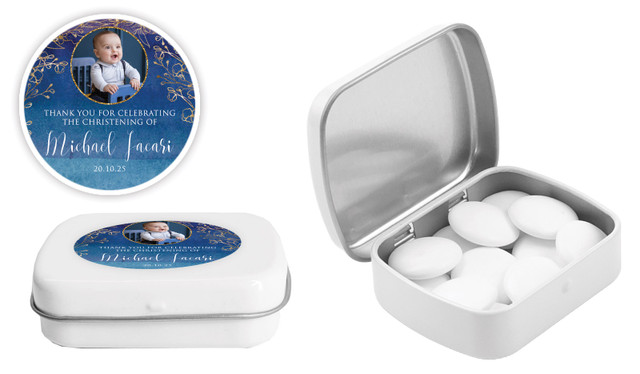 Navy Gold Photo Christening Personalised Mint Tins