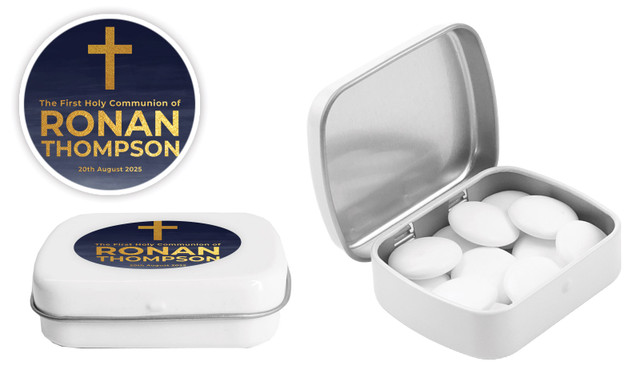 Navy Blue Watercolour Communion Personalised Mint Tins