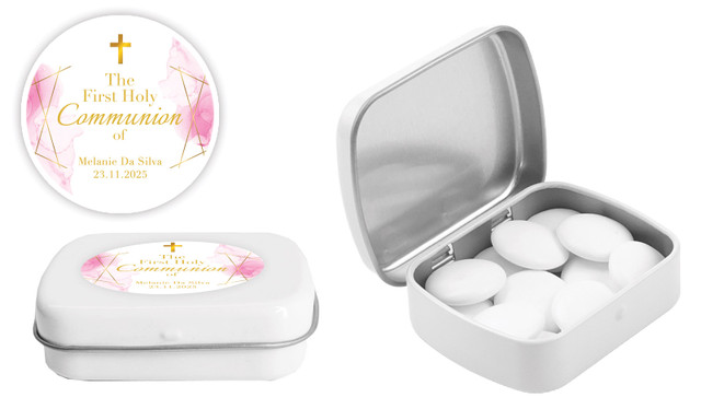 Pink Watercolour with Gold Communion Personalised Mint Tins