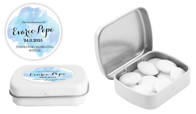 A Splash Of Watercolour Blue Confirmation Personalised Mint Tins
