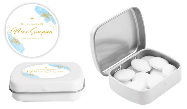 Gold Sparkle on Blue Confirmation Personalised Mint Tins
