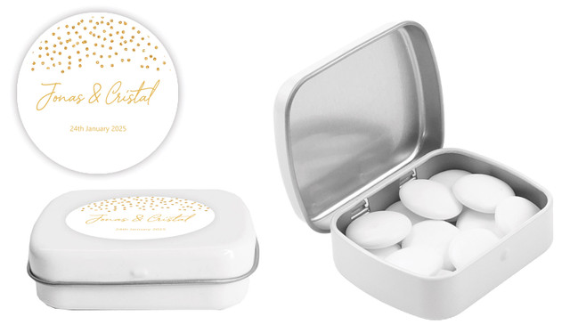 Gold Confetti On White Wedding Personalised Mint Tins