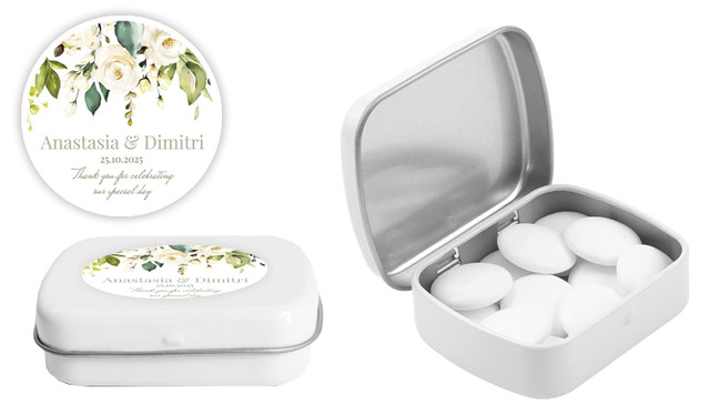 White Roses Hanging Wedding Personalised Mint Tins