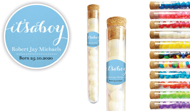 Flowing Words Boys Birth Announcement Personalised Test Tubes