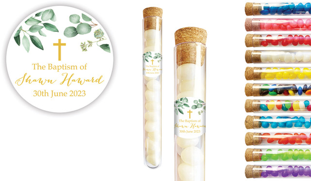 Gum Leaves & Gold Christening Personalised Test Tubes