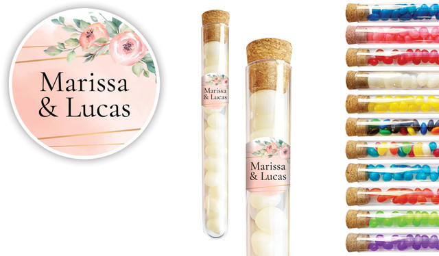 Gold Rings On Peach Wedding Personalised Test Tubes