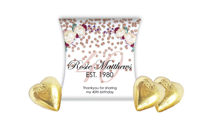 40th Rose Gold Confetti Personalised Pillow Boxes