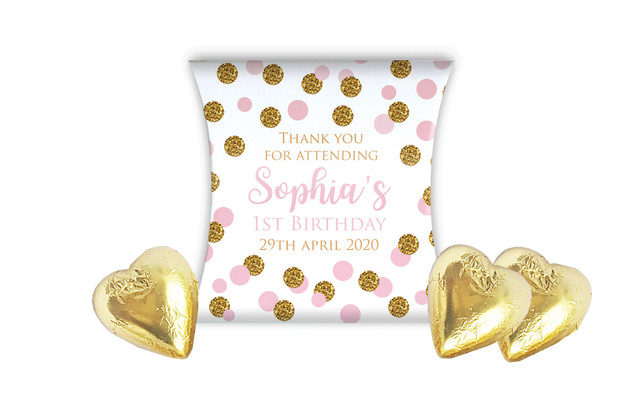 Confetti Pink And Gold Kids Party Personalised Pillow Boxes