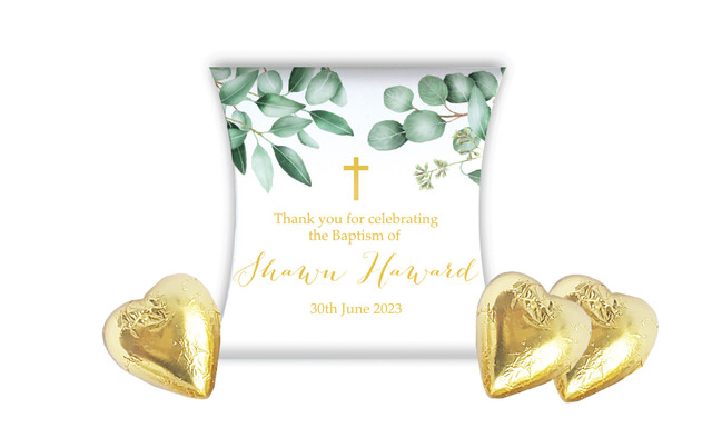 Gum Leaves & Gold Christening Personalised Pillow Boxes