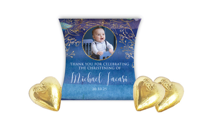Navy Gold Photo Christening Personalised Pillow Boxes