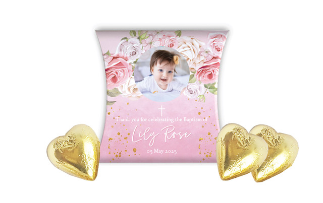 Pink Roses Christening Personalised Pillow Boxes