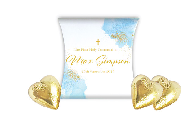 Gold Sparkle on Blue Communion Personalised Pillow Boxes