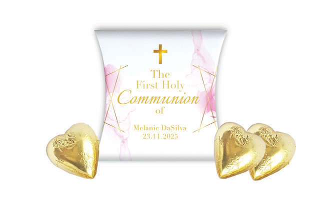 Pink Watercolour with Gold Communion Personalised Pillow Boxes