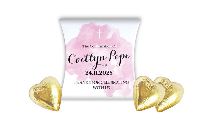 A Splash Of Watercolour Pink Confirmation Personalised Pillow Boxes