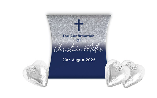 Blue and Silver glitter Confirmation Personalised Pillow Boxes