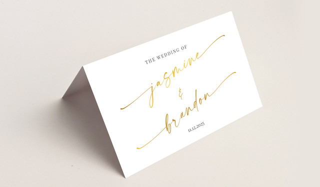 Golden Script Wedding Place Cards With Guest Names Printed