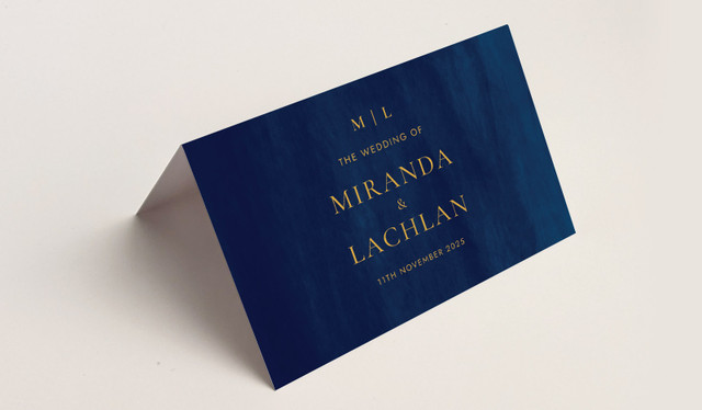 Monogram On Navy Wedding Place Cards With Guest Names Printed