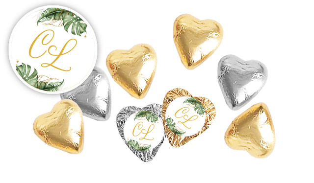 Tropical Palm Wedding Custom Foil Chocolate Hearts