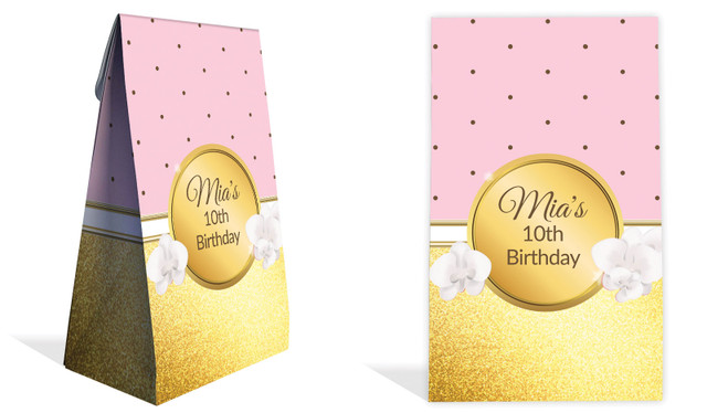 Pink & Gold Kids Party Personalised Gusset Favour Bag
