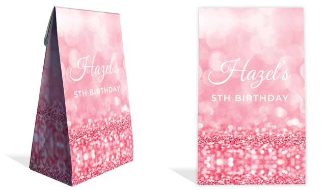 Pink Glitter Kids Party Personalised Gusset Favour Bag