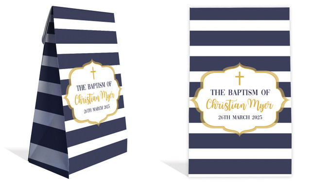 Bold Stripe And Gold Christening Personalised Gusset Favour Bag