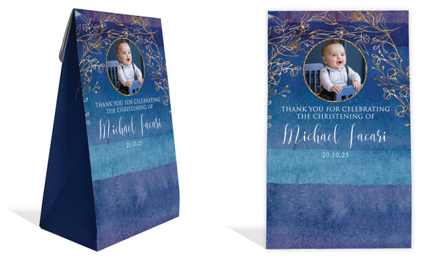 Navy Gold Photo Christening Personalised Gusset Favour Bag