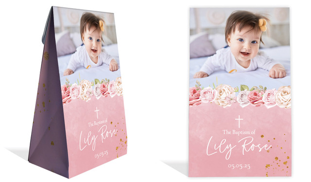 Pink Roses Christening Personalised Gusset Favour Bag