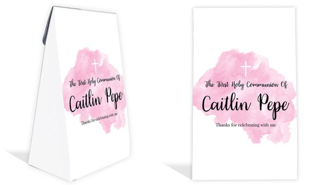 A Splash Of Watercolour Pink Communion Personalised Gusset Favour Bag