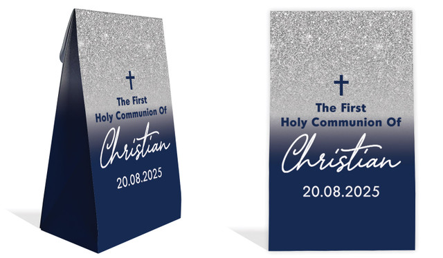 Blue and Silver glitter Communion Personalised Gusset Favour Bag