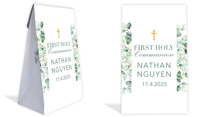 Eucalyptus Watercolour Communion Personalised Gusset Favour Bag
