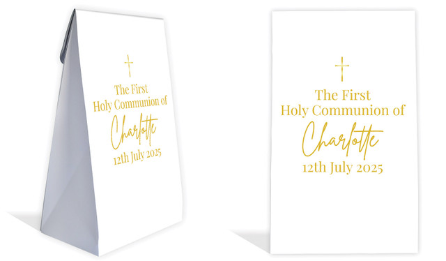 Modern White and Gold Communion Personalised Gusset Favour Bag