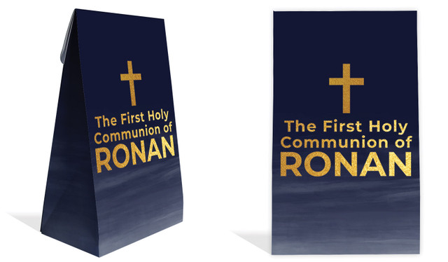 Navy Blue Watercolour Communion Personalised Gusset Favour Bag