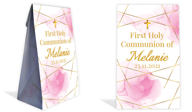 Pink Watercolour with Gold Communion Personalised Gusset Favour Bag