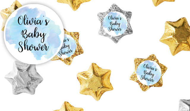 A Splash Of Watercolour Blue Baby Shower Personalised Foil Chocolate Stars
