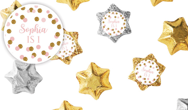 Confetti Pink And Gold Kids Party Personalised Foil Chocolate Stars
