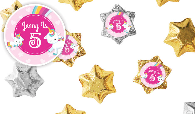 Unicorn Trio Kids Party Personalised Foil Chocolate Stars