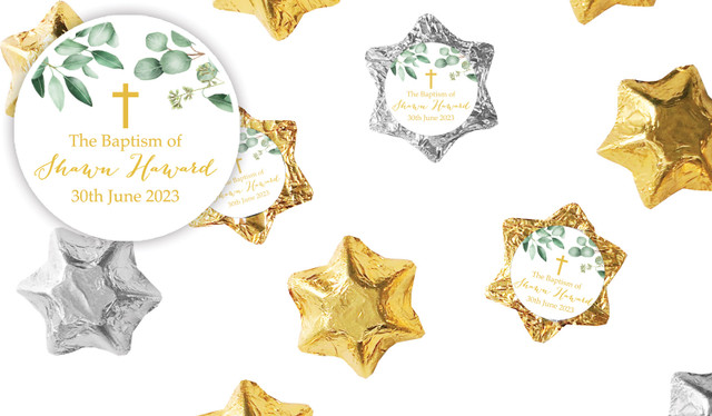 Gum Leaves & Gold Christening Personalised Foil Chocolate Stars