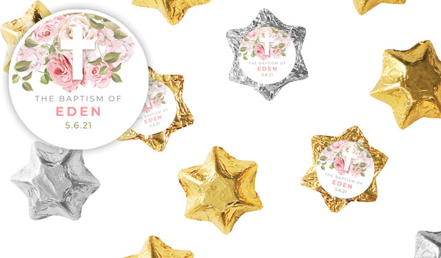 Roses Cross Christening Personalised Foil Chocolate Stars