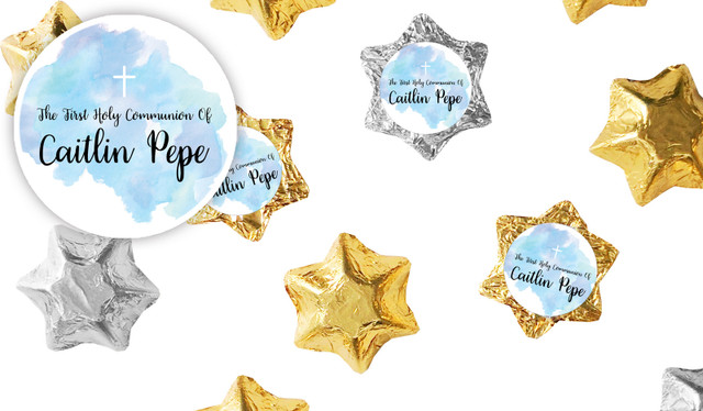 A Splash Of Watercolour Blue Communion Personalised Foil Chocolate Stars