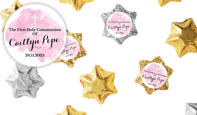 A Splash Of Watercolour Pink Communion Personalised Foil Chocolate Stars