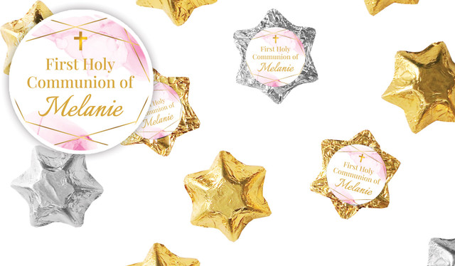 Pink Watercolour with Gold Communion Personalised Foil Chocolate Stars