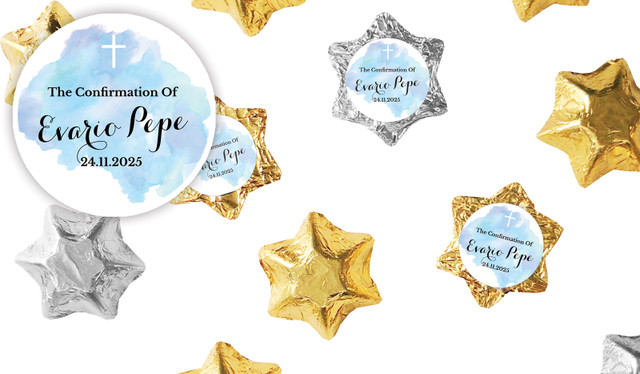 A Splash Of Watercolour Blue Confirmation Personalised Foil Chocolate Stars