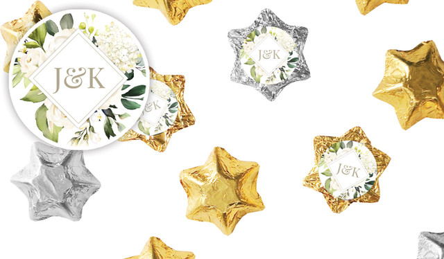 Diamond On White Roses Wedding Personalised Foil Chocolate Stars