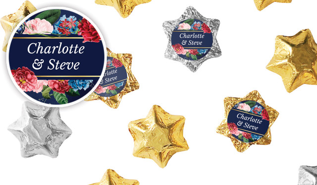 Floral Frame On Navy Wedding Personalised Foil Chocolate Stars