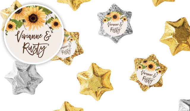 Rustic Sunflower Wedding Personalised Foil Chocolate Stars