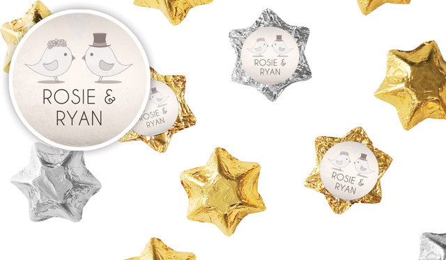 Sepia Love Birds Wedding Personalised Foil Chocolate Stars