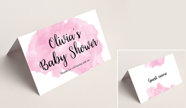 A Splash Of Watercolour Pink Baby Shower Place Cards With Guest Names