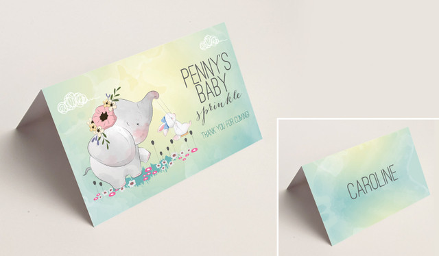 Elephant And Friend Baby Shower Place Cards With Guest Names