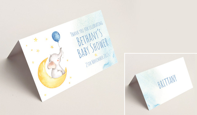 Elephant Moon Blue Baby Shower Place Cards With Guest Names